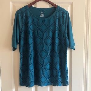 Teal top with geometric embroidery